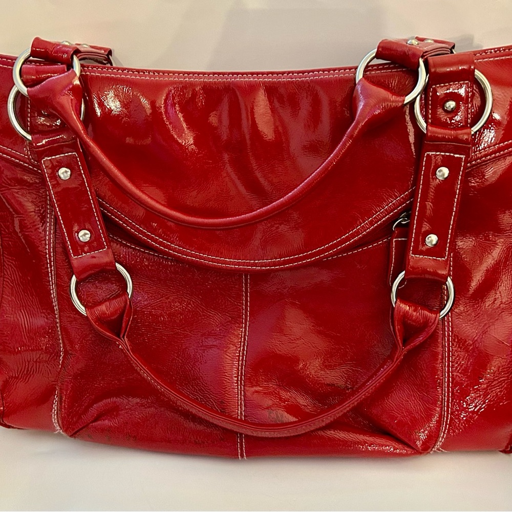 Mary Kay Red Patent Leather Tote with Silver colored Hardware